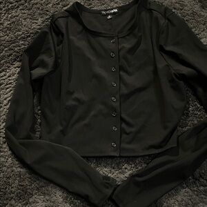 Fashion Nova Black Button-Front Long Sleeve Crop Top